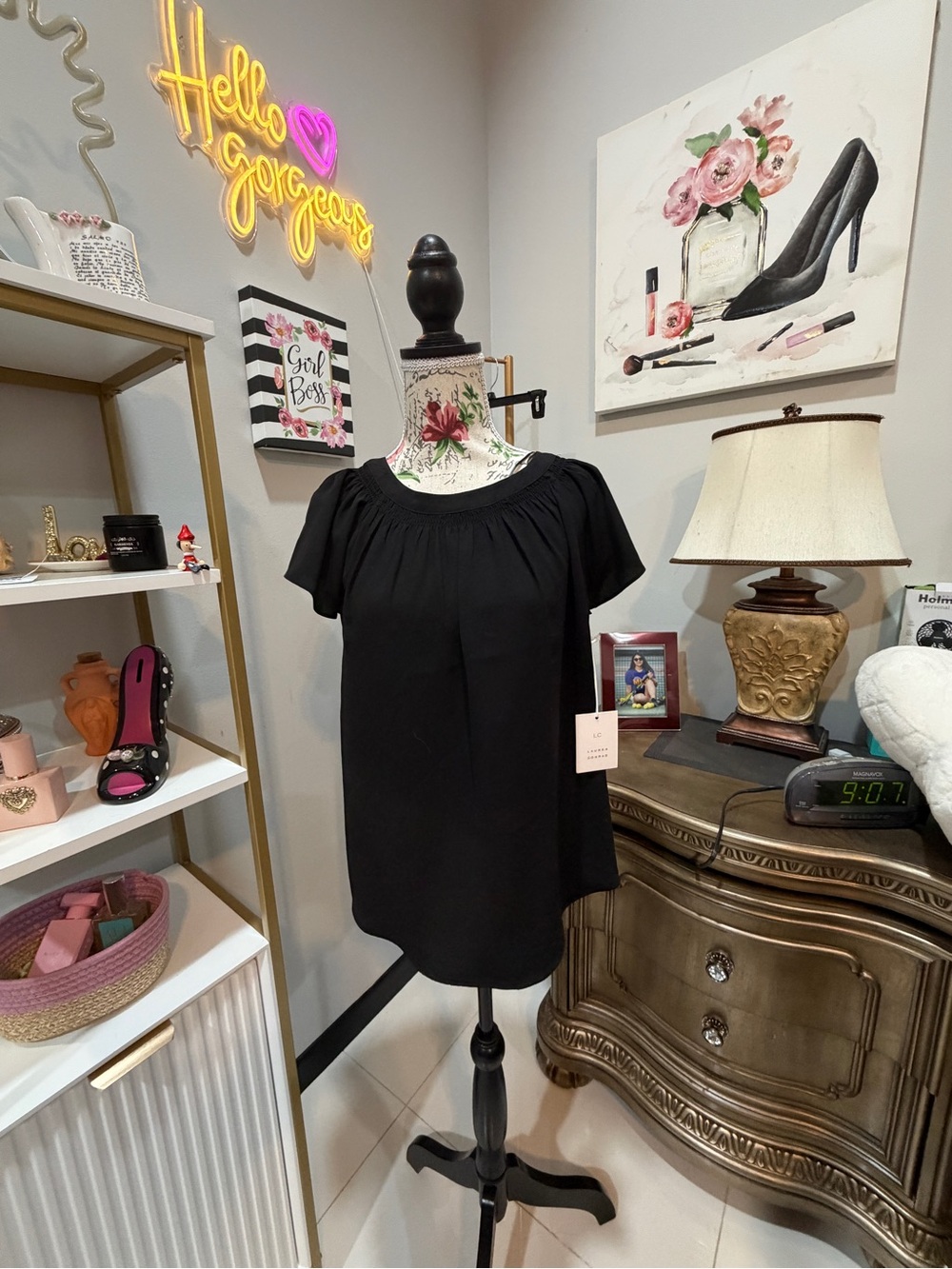 LC Lauren Conrad Black Short-Sleeve Smocked-Neck Blouse - Picture 4 of 14